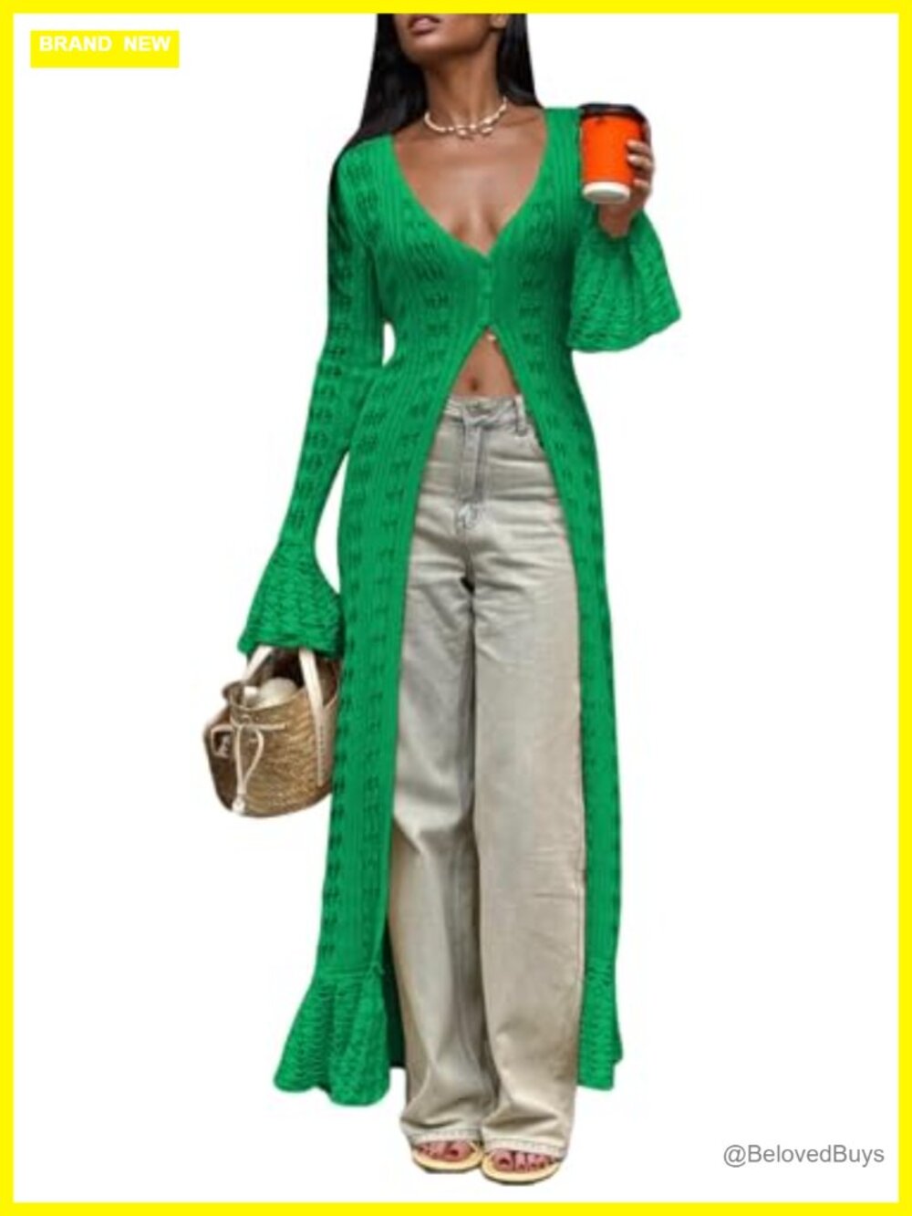 Women Long Crochet Cardigan Button Down Bell Sleeve Maxi Sweater